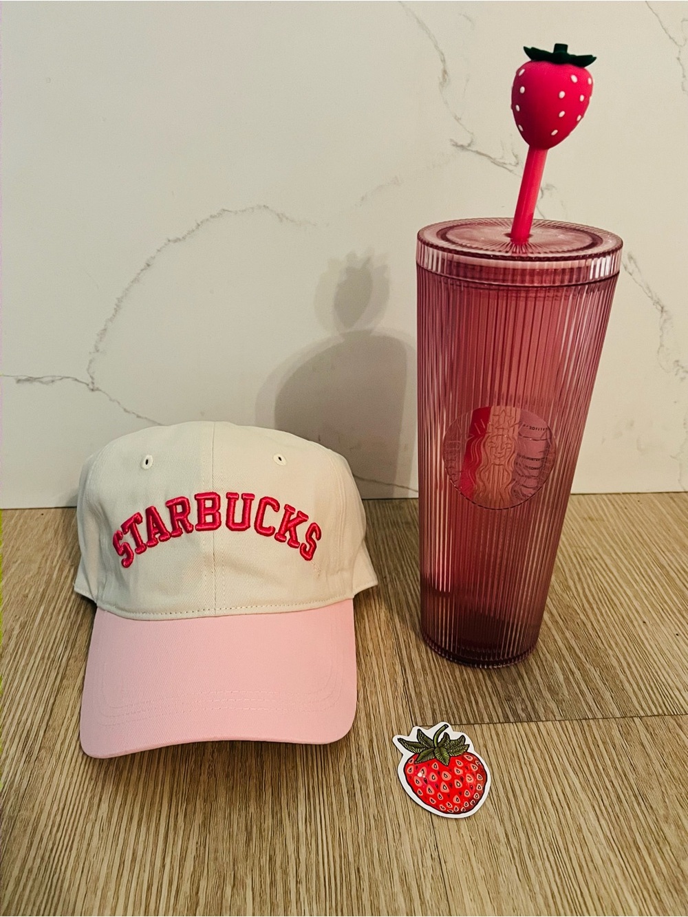 Starbucks Baseball Hat and Strawberry Cold Cup Tumbler